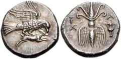 808761. Sold For $1950 Elis, Olympia. 134th-143rd Olympiad. Circa 244-208 BC. AR Drachm (17mm, 4.86 g, 11h). Eagle flying right, tearing at hare held in talons / Winged thunderbolt; monogram to left, 