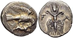 828512. Sold For $1250 ELIS, Olympia. 134th-143rd Olympiad. Circa 244-208 BC. AR Drachm (19mm, 4.78 g, 3h). Eagle flying right, tearing at hare held in talons / Winged thunderolt; F-A across field. El