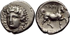 840848. Sold For $2750 THESSALY, Larissa. Circa 356-342 BC. AR Stater (25mm, 12.17 g, 11h). Head of the nymph Larissa facing slightly left, hair in ampyx, wearing earring and necklace / Bridled horse 