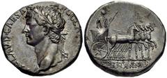 841613. ORDER $8750  CAPPADOCIA, Caesaraea-Eusebia. Claudius. AD 41-54. AR Didrachm (20mm, 7.62 g, 12h). Laureate head left / DE BRITANNIS in exergue, Claudius in triumphal quadriga right, holding sce