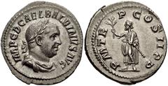 841964. Sold For $975 Balbinus. AD 238. AR Denarius (19mm, 2.99 g, 6h). Rome mint. 1st emission, circa April-June AD 238. Laureate, draped, and cuirassed bust right / Bearded male figure (Balbinus?) s