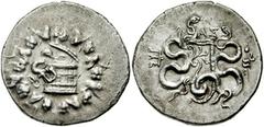 MYSIA, Pergamon. Circa 123-104 BC. AR Cistophoric Tetradrachm (27mm, 12.18 gm). Cista mystica with serpent; all within ivy wreath / Bow-case with serpents; AΣ above, thyrsos right. Kleiner, Pergamum p