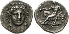 BRUTTIUM, Kroton. Circa 420-376 BC. AR Nomos (7.76 gm). Estimate $3000 BRUTTIUM, Kroton. Circa 420-376 BC. AR Nomos (7.76 gm). Head of Hera Lakinia facing slightly right, wearing stephane decorated wi