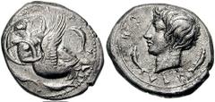 SICILY, Kamarina. Circa 415-405 BC. AR Didrachm (8.63 gm). Estimate $3000 SICILY, Kamarina. Circa 415-405 BC. AR Didrachm (8.63 gm). The nymph Kamarina riding on a swan swimming left; two fish swimmin
