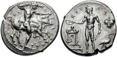 SICILY, Selinos. Circa 460-440 BC. AR Didrachm (8.61 gm). Estimate $2500 SICILY, Selinos. Circa 460-440 BC. AR Didrachm (8.61 gm). Herakles subduing the Cretan bull / HUYAS, river-god Hypsas standing 