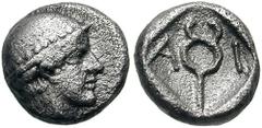 THRACE, Ainos. Circa 464-460 BC. AR Diobol (1.26 gm). Estimate $150 THRACE, Ainos. Circa 464-460 BC. AR Diobol (1.26 gm). Head of Hermes right wearing petasos / Caduceus within incuse square. May, Ain
