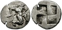 ISLANDS off THRACE, Thasos. Circa 525-463 BC. AR Diobol? (1.17 gm). Estimate $300 ISLANDS off THRACE, Thasos. Circa 525-463 BC. AR Diobol? (1.17 gm). Archaic satyr running right / Quadripartite incuse