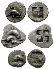 ISLANDS off THRACE, Thasos. Circa 435-411 BC. Lot of three AR fractions. Estimate $300 ISLANDS off THRACE, Thasos. Circa 435-411 BC. Lot of three AR fractions. Includes the following: AR Hemiobol (0.2