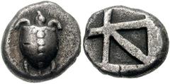 AEGINA. Circa 480-457 BC. AR Stater (11.68 gm). Estimate $750 AEGINA. Circa 480-457 BC. AR Stater (11.68 gm). T-back turtle; turtle's head seen in profile / Large skew pattern incuse. Milbank pl. I, 1