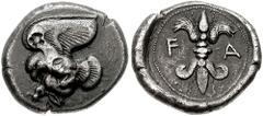 ELIS, Olympia. Circa 471-452 BC. AR Stater (11.72 gm). Estimate $5000 ELIS, Olympia. Circa 471-452 BC. AR Stater (11.72 gm). Eagle flying left, carrying rabbit / F-A flanking winged thunderbolt within