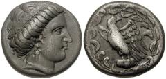 ELIS, Olympia. Circa 365-323 BC. AR Stater (11.81 gm). Estimate $2500 ELIS, Olympia. Circa 365-323 BC. AR Stater (11.81 gm). Head of Hera right, wearing stephane inscribed FALEIWN / Eagle standing lef