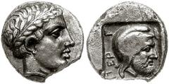 MYSIA, Pergamon. Uncertain satrap. Circa 450 BC. AR Diobol (1.53 gm). Estimate $200 MYSIA, Pergamon. Uncertain satrap. Circa 450 BC. AR Diobol (1.53 gm). Laureate head of Apollo right / Bearded head o