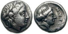 LESBOS, Mytilene. Circa 400-350 BC. AR Diobol (1.28 gm). Estimate $150 LESBOS, Mytilene. Circa 400-350 BC. AR Diobol (1.28 gm). Laureate head of Apollo right / Female head right. SNG von Aulock 1744 v