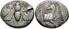 IONIA, Ephesos. Circa 350-340 BC. AR Tetradrachm (14.80 gm). Estimate $300 IONIA, Ephesos. Circa 350-340 BC. AR Tetradrachm (14.80 gm). Bee with straight wings / Forepart of stag right, head reverted;