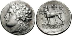 IONIA, Miletos. Circa 225-190 BC. AR Didrachm (10.51 gm). Estimate $2000 IONIA, Miletos. Circa 225-190 BC. AR Didrachm (10.51 gm). Laureate head of Apollo left / Lion walking left, head reverted; star