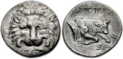 ISLANDS off IONIA. Samos. Circa 300 BC. AR Didrachm (6.51 gm). Estimate $400 ISLANDS off IONIA. Samos. Circa 300 BC. AR Didrachm (6.51 gm). Facing lion's scalp / Forepart of bull right, olive spray ri
