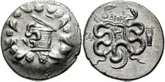 LYDIA, Tralles. Circa 128-85 BC. AR Cistophoric Tetradrachm (12.72 gm). Estimate $200 LYDIA, Tralles. Circa 128-85 BC. AR Cistophoric Tetradrachm (12.72 gm). Cista mystica with serpent; all within ivy