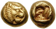 KINGS of LYDIA. Uncertain King. Before 561 BC. EL Hemihekte - 1/12th Stater (1.17 gm). Estimate $300 KINGS of LYDIA. Uncertain King. Before 561 BC. EL Hemihekte - 1/12th Stater (1.17 gm). Head of roar