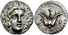 ISLANDS off CARIA. Rhodes. Circa 250-230 BC. AR Didrachm (6.95 gm). Estimate $400 ISLANDS off CARIA. Rhodes. Circa 250-230 BC. AR Didrachm (6.95 gm). Radiate head of Helios facing slightly right / Ros
