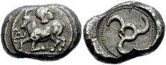DYNASTS of LYCIA. Uncertain. Circa 480-460 BC. AR Stater (9.75 gm). Estimate $1000 DYNASTS of LYCIA. Uncertain. Circa 480-460 BC. AR Stater (9.75 gm). Goat kneeling left; triskeles before, Corinthian 