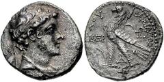 SELEUKID KINGS of SYRIA. Antiochos VI. 144-142 BC. AR Tetradrachm (13.14 gm). Ake mint. Dated year 169 (144/3 BC). Estimate $500 SELEUKID KINGS of SYRIA. Antiochos VI. 144-142 BC. AR Tetradrachm (13.1
