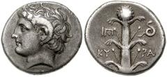 KYRENAIKA, Kyrene. Circa 308-277 BC. AR Didrachm (7.79 gm). Rhodian standard. Estimate $750 KYRENAIKA, Kyrene. Circa 308-277 BC. AR Didrachm (7.79 gm). Rhodian standard. Head of Karneios left / Silphi