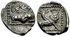 SAMARIA. Circa 375-333 BCE. AR Hemiobol (0.25 gm). Estimate $500 SAMARIA. Circa 375-333 BCE. AR Hemiobol (0.25 gm). Winged griffin seated right; Aramaic 'SL' (Shelemiyah?) above, all within dotted squ
