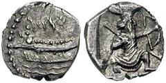 SAMARIA. Circa 375-333 BCE. AR Hemiobol (0.20 gm). Estimate $600 SAMARIA. Circa 375-333 BCE. AR Hemiobol (0.20 gm). Galley to left; Aramaic 'SMRYN' (Samaria) above / Persian king in kneeling-running s