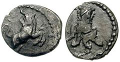 SAMARIA. Circa 375-333 BCE. AR Tetartemorion (0.20 gm). Estimate $300 SAMARIA. Circa 375-333 BCE. AR Tetartemorion (0.20 gm). Leaping bull right, head reverted / Lion seated facing. Meshorer & Qedar 1
