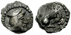SAMARIA. Circa 375-333 BCE. AR Tetartemorion (0.11 gm). Estimate $400 SAMARIA. Circa 375-333 BCE. AR Tetartemorion (0.11 gm). Head of Persian satrap right, wearing basklyk / Wounded stag crouching, ar
