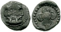 SAMARIA. Circa 375-333 BCE. AR Obol (0.51 gm). Estimate $750 SAMARIA. Circa 375-333 BCE. AR Obol (0.51 gm). Bearded, triple-faced head / Pile of five Athenian tetradrachms; all in dotted incuse. Mesho
