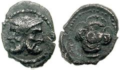 SAMARIA. Circa 375-333 BCE. AR Hemiobol (0.24 gm). Estimate $750 SAMARIA. Circa 375-333 BCE. AR Hemiobol (0.24 gm). Bearded bi-faced head / Pile of five Athenian tetradrachms; all in dotted incuse. Me