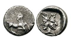 SAMARIA. Circa 375-333 BCE. AR Hemiobol (0.32 gm). Estimate $500 SAMARIA. Circa 375-333 BCE. AR Hemiobol (0.32 gm). Goat kneeling right, head reverted / Bi-faced head, the left beardless and wearing a