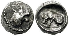 SAMARIA. Circa 375-333 BCE. AR Hemiobol (0.36 gm). Estimate $600 SAMARIA. Circa 375-333 BCE. AR Hemiobol (0.36 gm). Head of horned lion right / Lion crouching left, gnawing on limb of animal. Meshorer
