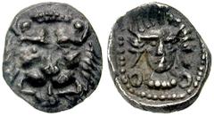 SAMARIA. Circa 375-333 BCE. AR Hemiobol (0.34 gm). Estimate $750 SAMARIA. Circa 375-333 BCE. AR Hemiobol (0.34 gm). Facing lion's head / Facing female head, with large annular earrings; in dotted incu