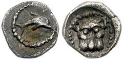 SAMARIA. Circa 375-333 BCE. AR Hemiobol (0.24 gm). Estimate $400 SAMARIA. Circa 375-333 BCE. AR Hemiobol (0.24 gm). Leaping dolphin right / Head of lion facing; in dotted incuse. Meshorer & Qedar -. T