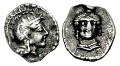SAMARIA. Circa 375-333 BCE. AR Hemiobol (0.23 gm). Estimate $750 SAMARIA. Circa 375-333 BCE. AR Hemiobol (0.23 gm). Helmeted head of Athena right / Facing female head, wearing kalathos. Meshorer & Qed