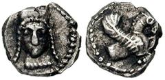 SAMARIA. Circa 375-333 BCE. AR Tetartemorion (0.6 gm). Estimate $500 SAMARIA. Circa 375-333 BCE. AR Tetartemorion (0.6 gm). Forepart of winged horse right / Facing female head, wearing kalathos. Mesho
