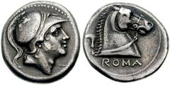 Anonymous. Circa 280-276 BC. AR Didrachm (6.50 gm). Estimate $2000 Anonymous. Circa 280-276 BC. AR Didrachm (6.50 gm). Helmeted head of Mars right; griffin on helmet / Horse head right, sickle behind;