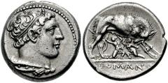 Anonymous. Circa 265-242 BC. AR Didrachm (6.56 gm). Estimate $2500 Anonymous. Circa 265-242 BC. AR Didrachm (6.56 gm). Head of Roma right in Phrygian helmet, grain ear behind / Victory standing right,
