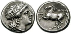 Anonymous. Circa 234-231 BC. AR Didrachm (6.71 gm). Estimate $2500 Anonymous. Circa 234-231 BC. AR Didrachm (6.71 gm). Laureate head of Apollo right / Horse prancing left; legend above. Crawford 26/1;
