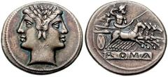 Anonymous. Circa 225-212 BC. AR Didrachm or Quadrigatus (6.76 gm). Estimate $400 Anonymous. Circa 225-212 BC. AR Didrachm or Quadrigatus (6.76 gm). Laureate head of Janus / Jupiter in quadriga right, 