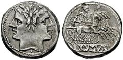 Anonymous. Circa 225-212 BC. AR Didrachm or Quadrigatus (6.29 gm). Estimate $500 Anonymous. Circa 225-212 BC. AR Didrachm or Quadrigatus (6.29 gm). Laureate head of Janus; pellet below / Jupiter, in q