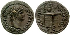 NERO. 54-68 AD. Æ Semis (3.5 gm). Struck 64 AD. Estimate $300 NERO. 54-68 AD. Æ Semis (3.5 gm). Struck 64 AD. Laureate head right / Mark of value, urn, and wreath on table; two griffins facing each ot
