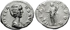 DIDIA CLARA, daughter of Didius Julianus. AR Denarius (2.80 gm). Estimate $1500 DIDIA CLARA, daughter of Didius Julianus. AR Denarius (2.80 gm). Draped bust right / Hilaritas standing left, holding pa