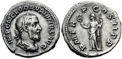PUPIENUS. 238 AD. AR Denarius (3.08 gm). Estimate $400 PUPIENUS. 238 AD. AR Denarius (3.08 gm). Laureate, draped, and cuirassed bust right / Felicitas standing left, holding caduceus and sceptre. RIC 