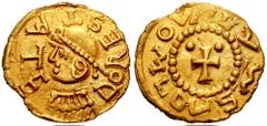 FRANCE. Merovingians. Circa 600-675 AD. AV Tremissis (1.28 gm). Dorestadt mint; Grimoald, moneyer. Estimate $2000 FRANCE. Merovingians. Circa 600-675 AD. AV Tremissis (1.28 gm). Dorestadt mint; Grimoa
