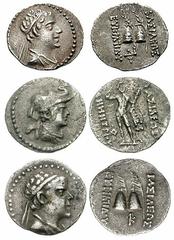 GREEK KINGS of BACTRIA. Eukratides I. Lot of three AR Obols. Includes the following: Demetrios I. Circa 200-185 BC. AR Attic Obol (12mm, 0.67 gm). Diademed bust right, wearing elephant's scalp / Naked