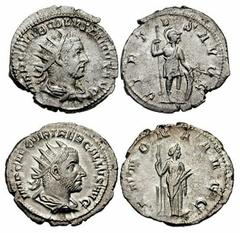 TREBONIANUS GALLUS and VOLUSIAN. 251-253 AD. Lot of two AR Antoniniani. Includes the following: TREBONIANUS GALLUS. AR Antonianus (22mm, 3.68 gm). Radiate, draped and cuirassed bust right / Annona sta