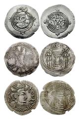 ORIENTAL GREEK. Lot of three AR. Includes the following: SASANIAN KINGS of PERSIA. Khusro I. AR Drachm (4.15 gm). RD=Ray mint. Year 21=551/552 AD. Crowned bust right / Fire altar flanked by attendants